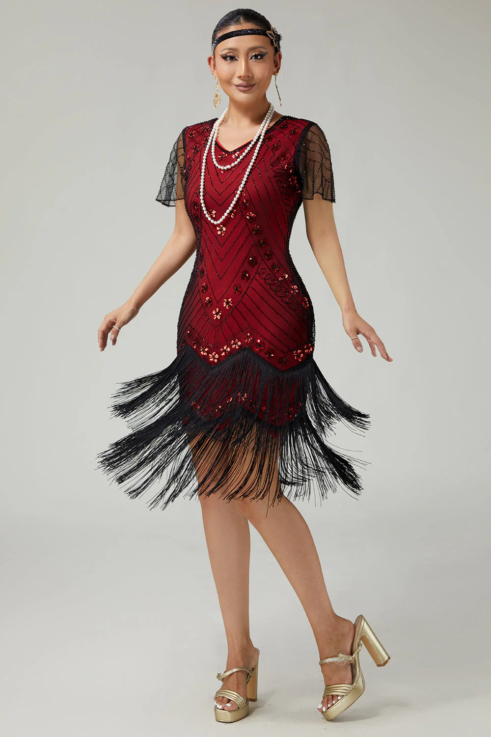 Black Red Fringed Bodycon Beaded 1920s Dress With 5-Piece Accessories Set - Image 6