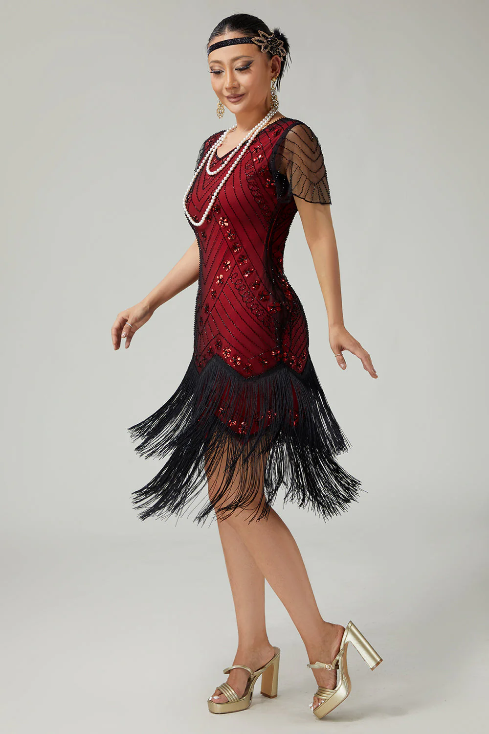 Black Red Fringed Bodycon Beaded 1920s Dress With 5-Piece Accessories Set - Image 7