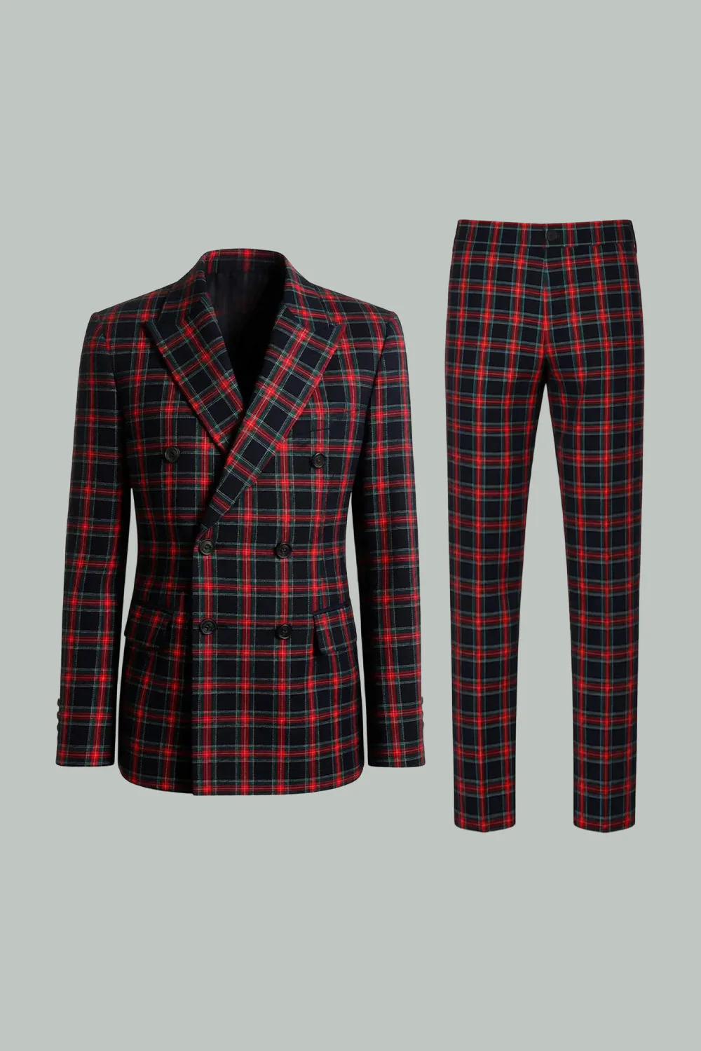 Black Red Grid Peak Lapel Double Breasted 2 Piece Men's Prom Suits - Image 10