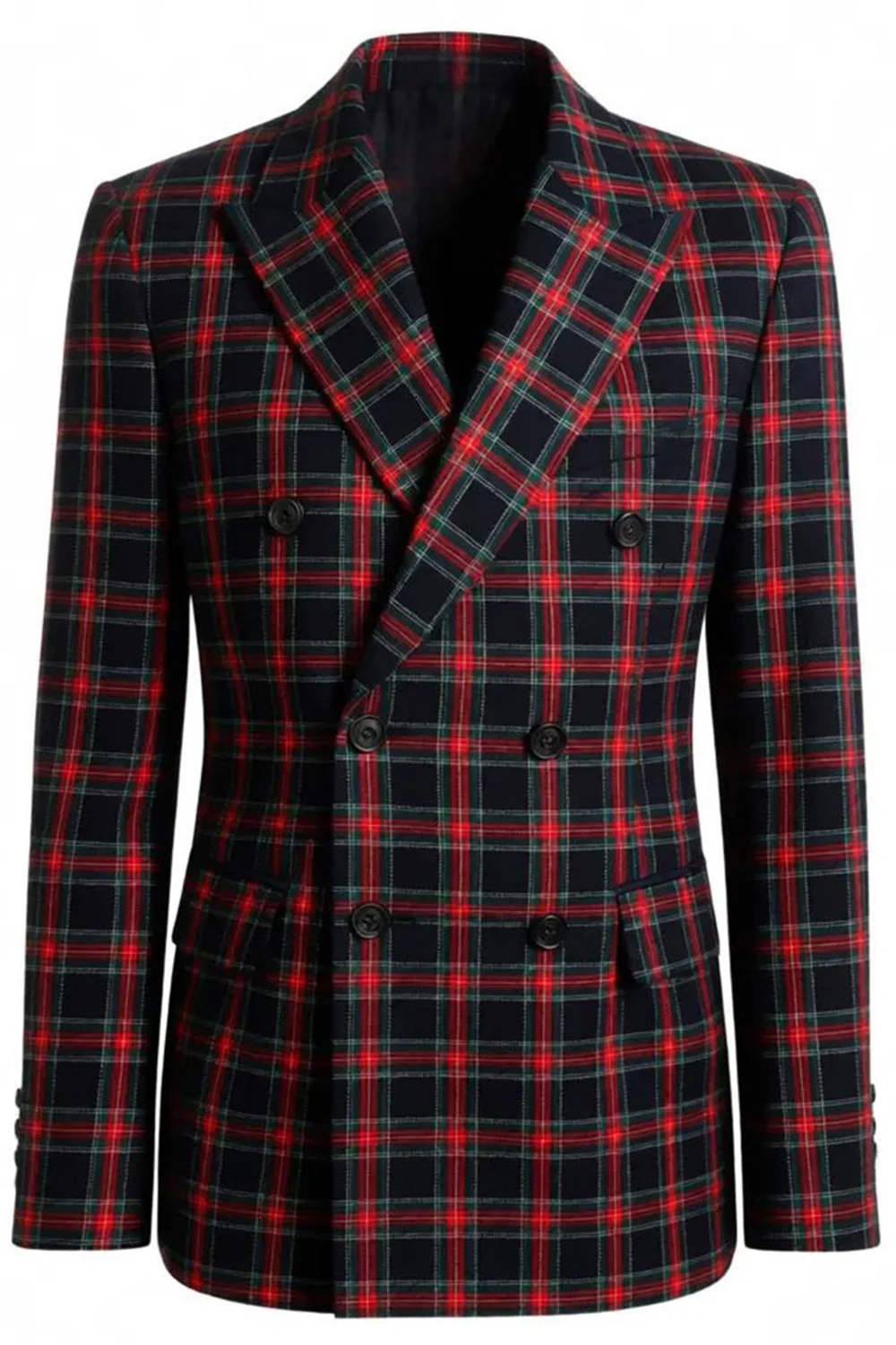 Black Red Grid Peak Lapel Double Breasted 2 Piece Men's Prom Suits - Image 11