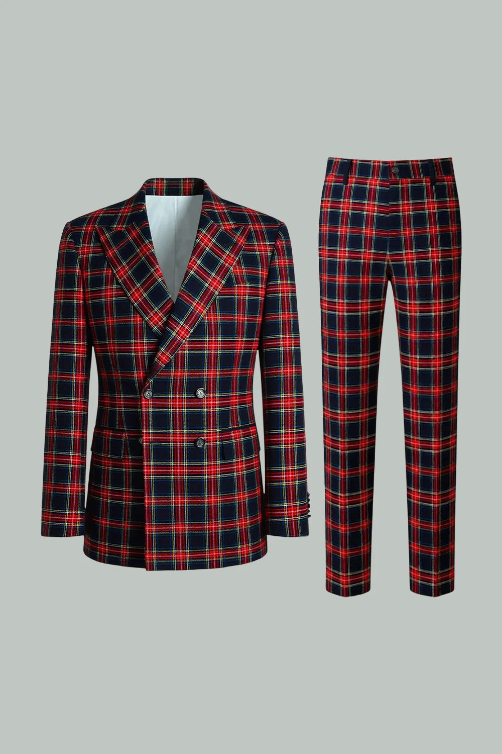 Black Red Grid Peak Lapel Double Breasted 2 Piece Men's Prom Suits - Image 3