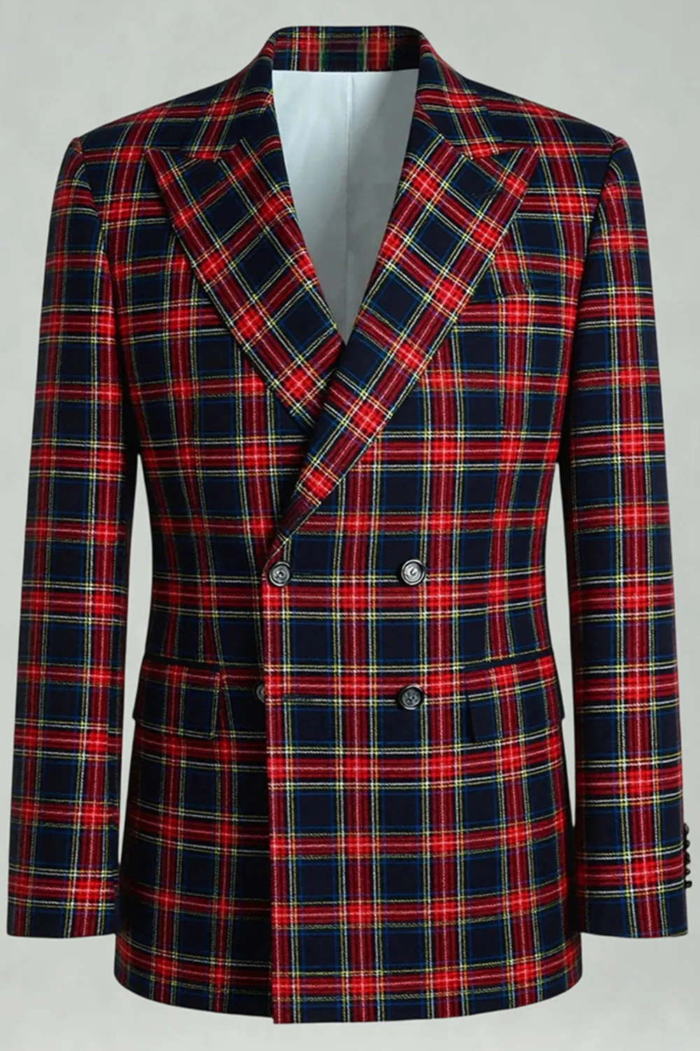 Black Red Grid Peak Lapel Double Breasted 2 Piece Men's Prom Suits - Image 4