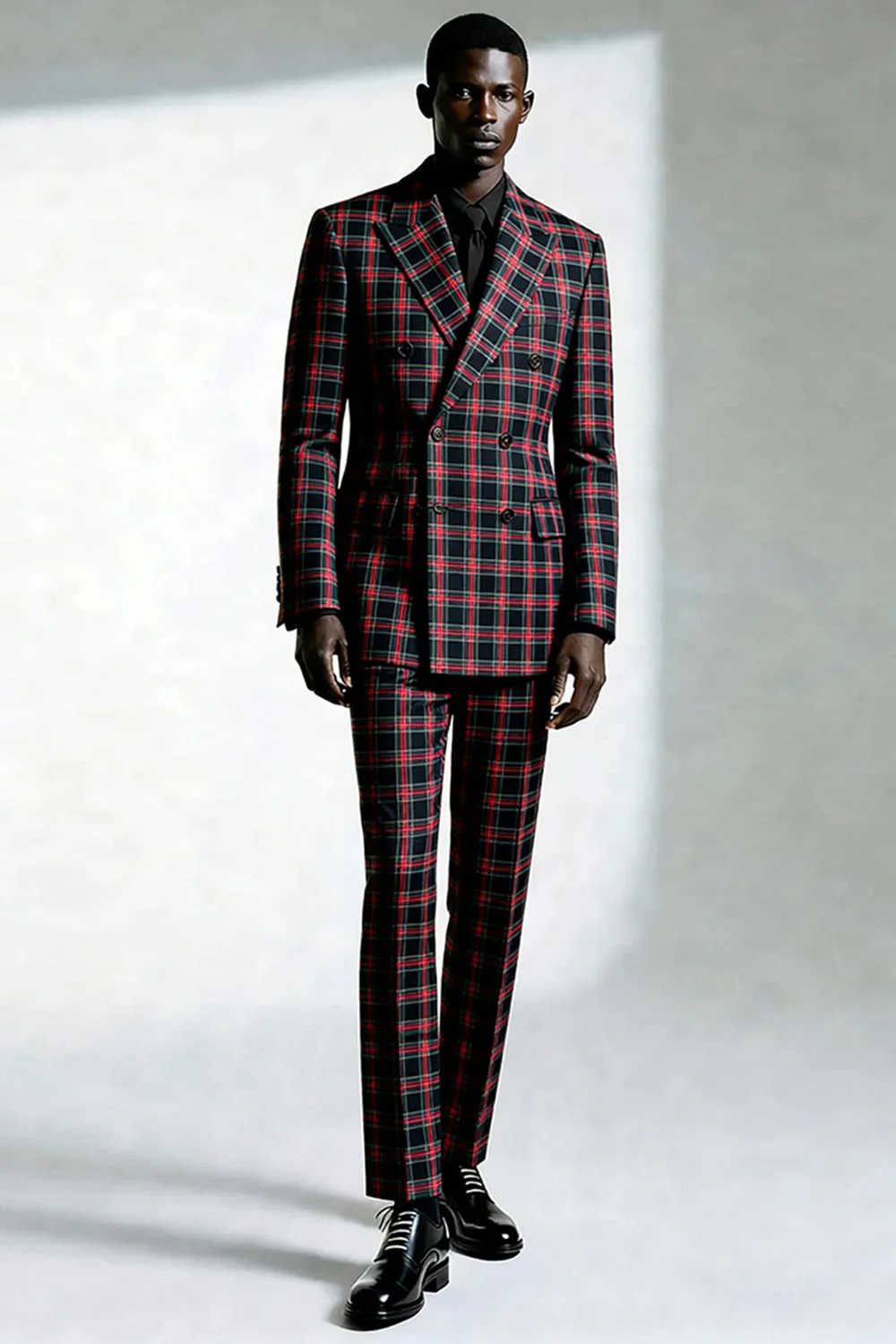 Black Red Grid Peak Lapel Double Breasted 2 Piece Men's Prom Suits - Image 9
