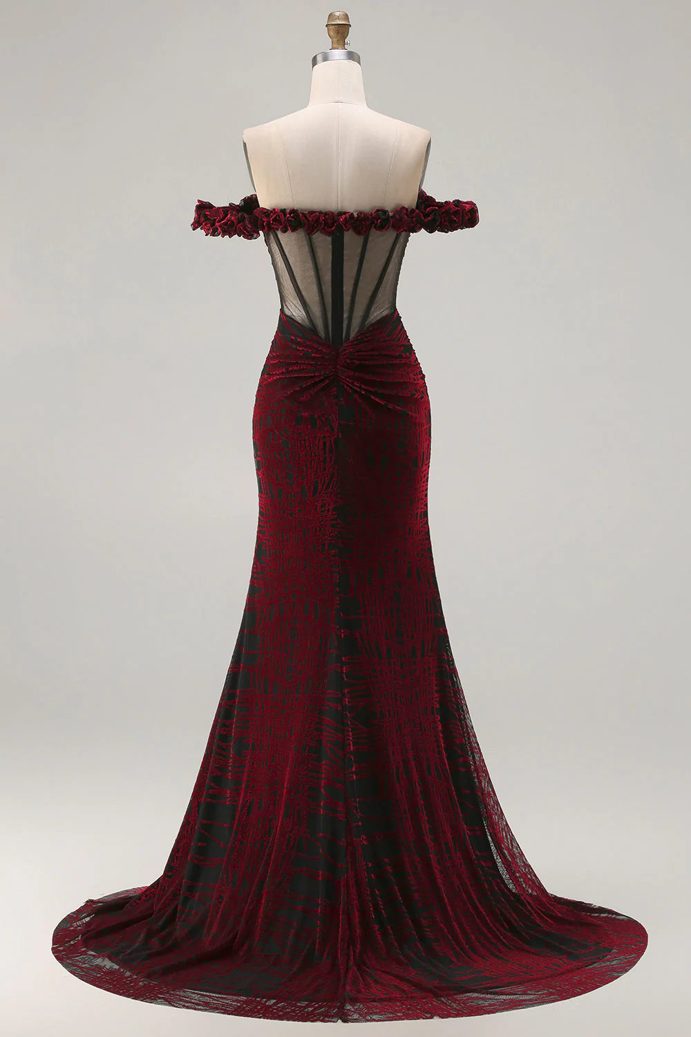 Black Red Mermaid Off the Shoulder Corset Ruched Long Prom Dress with Slit - Image 2