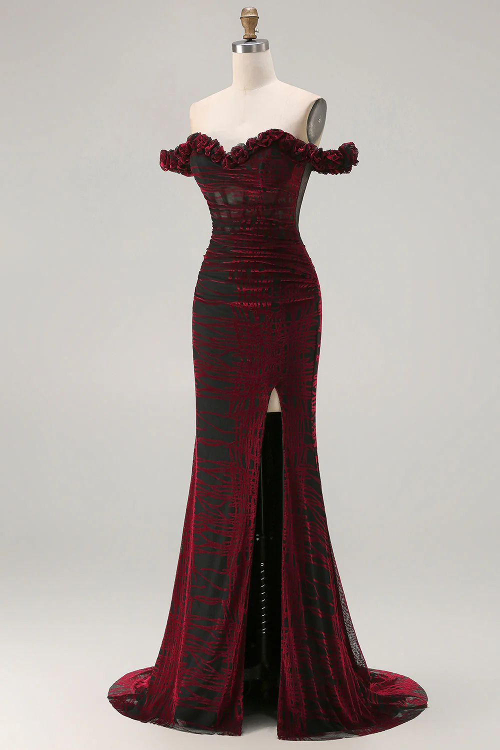 Black Red Mermaid Off the Shoulder Corset Ruched Long Prom Dress with Slit - Image 3