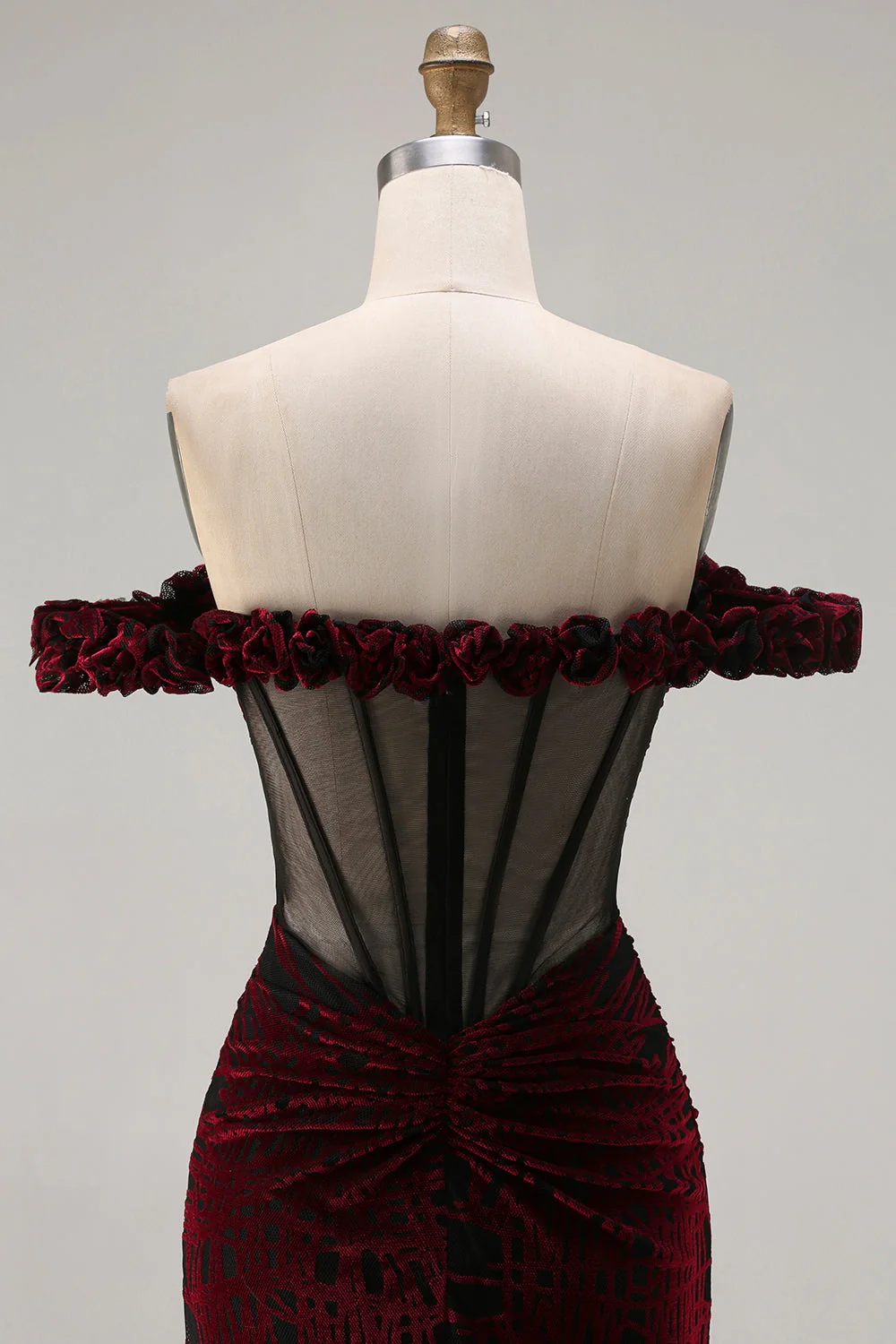 Black Red Mermaid Off the Shoulder Corset Ruched Long Prom Dress with Slit - Image 5