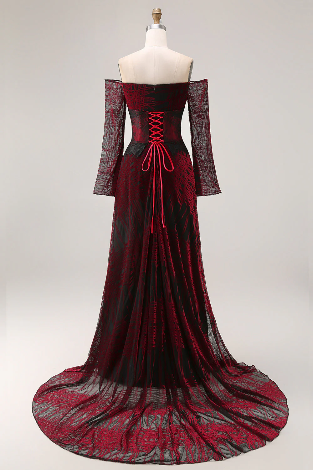 Black Red Off the Shoulder Printed A-Line Prom Dress with Long Sleeves - Image 2