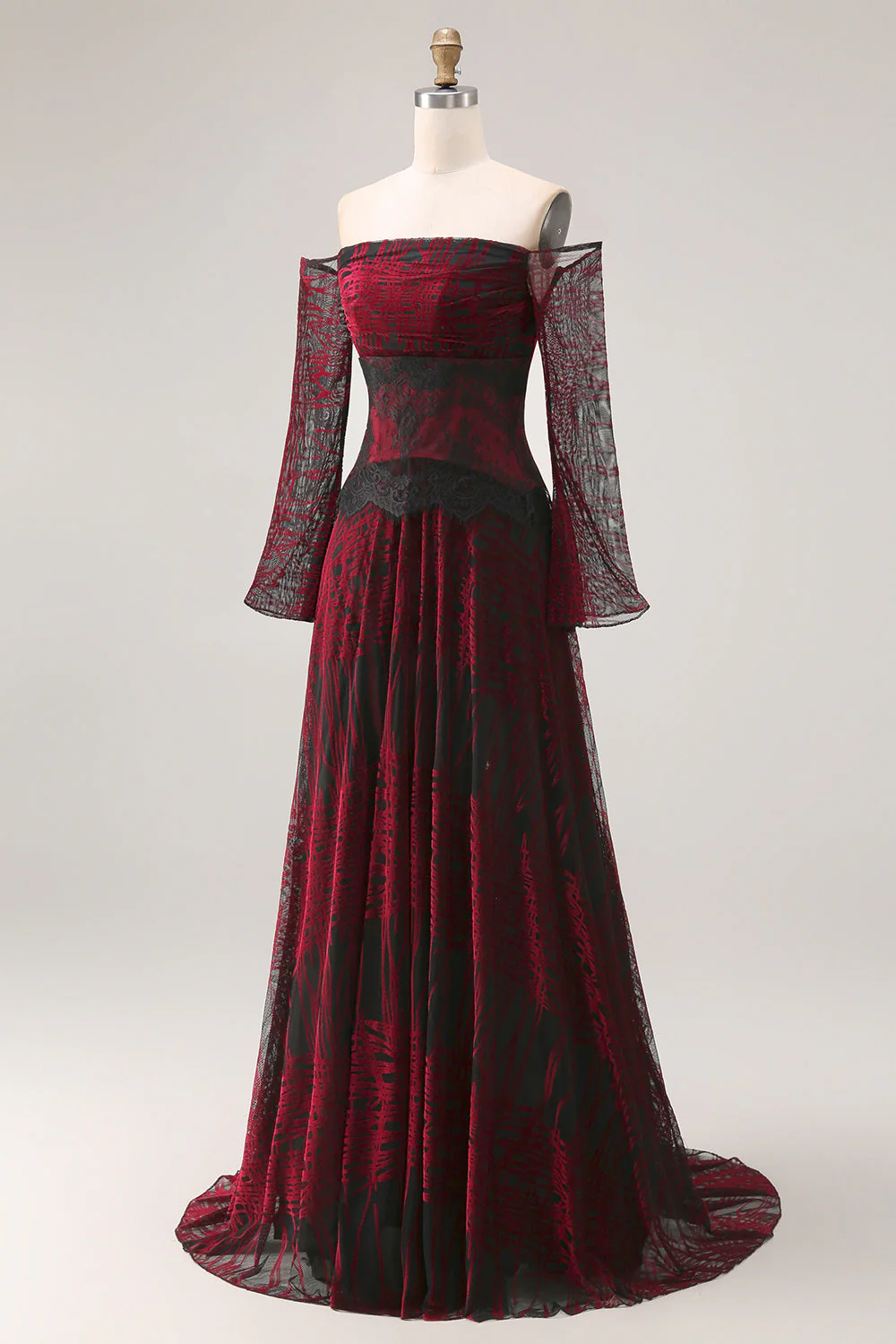 Black Red Off the Shoulder Printed A-Line Prom Dress with Long Sleeves - Image 3