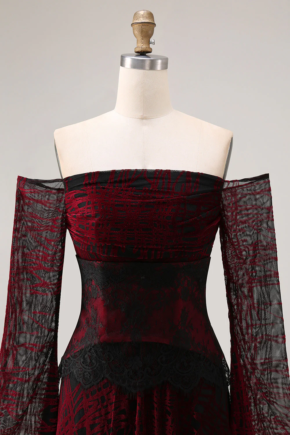 Black Red Off the Shoulder Printed A-Line Prom Dress with Long Sleeves - Image 4