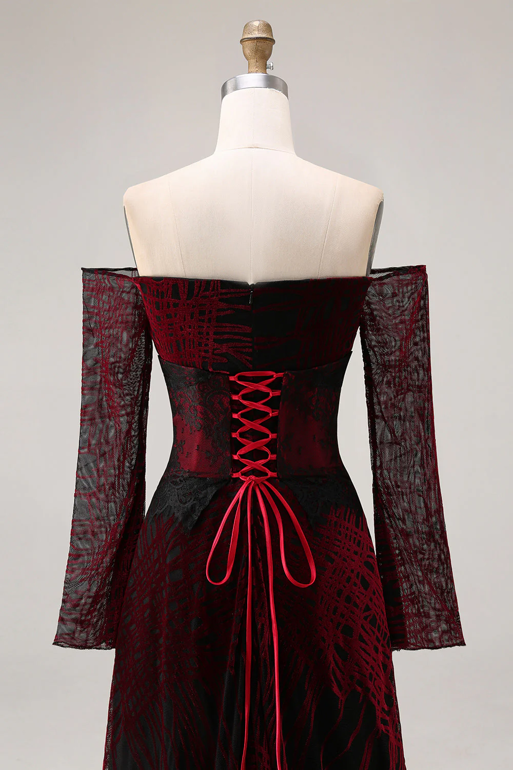 Black Red Off the Shoulder Printed A-Line Prom Dress with Long Sleeves - Image 5