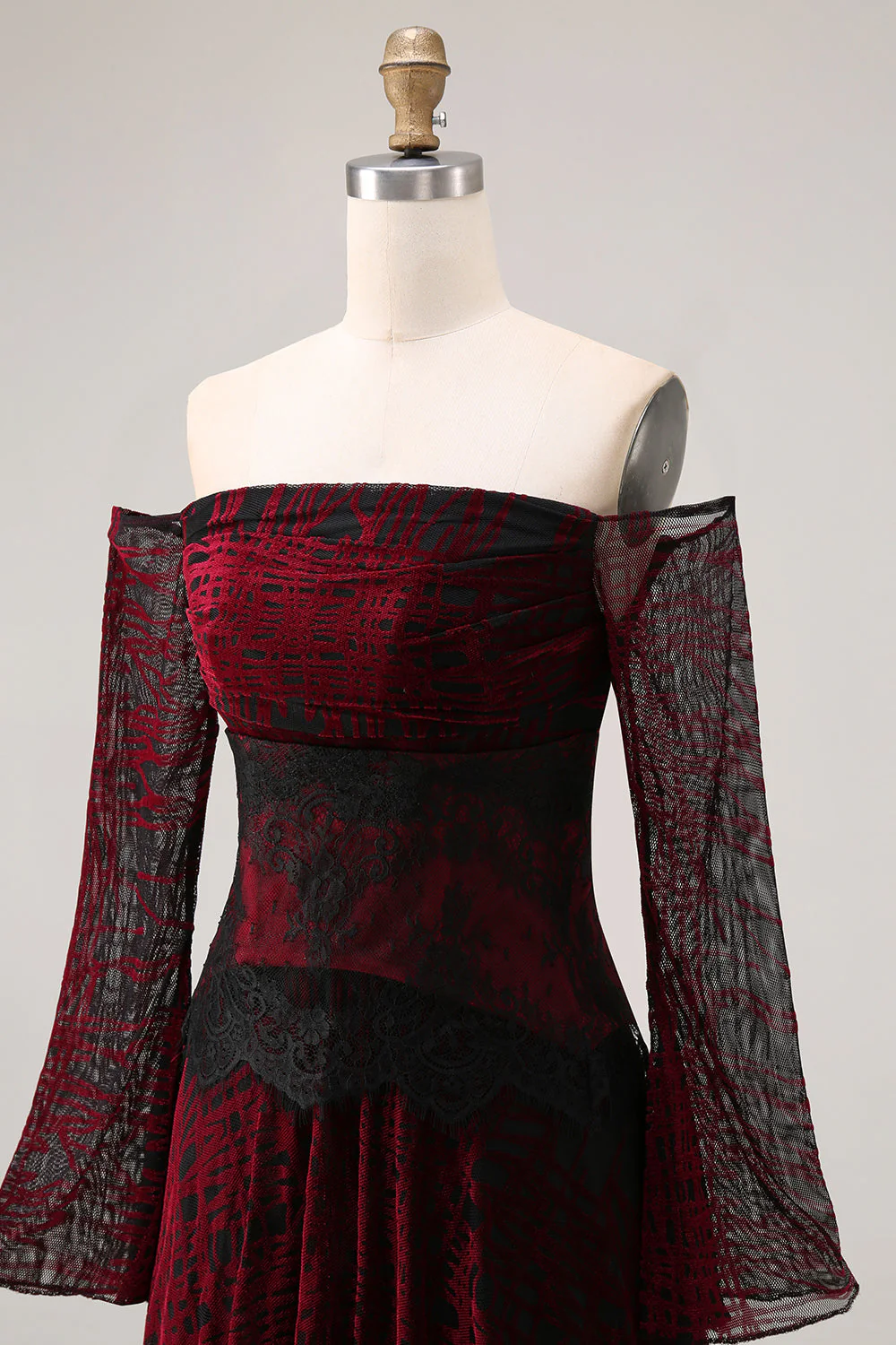 Black Red Off the Shoulder Printed A-Line Prom Dress with Long Sleeves - Image 6