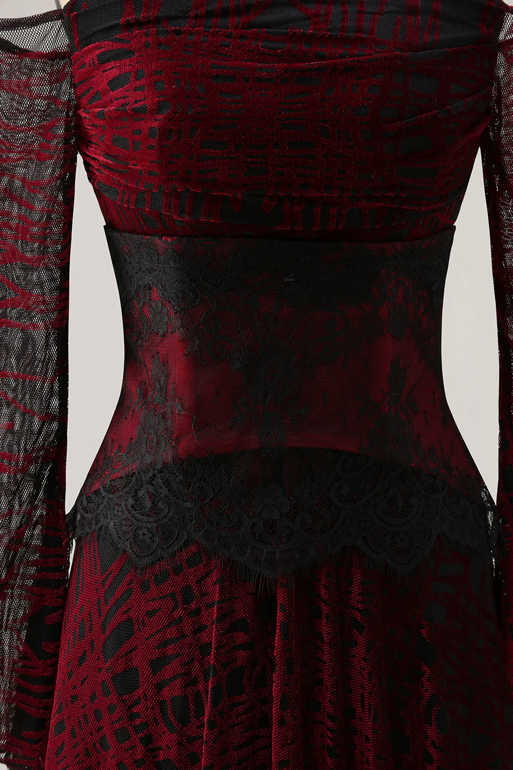 Black Red Off the Shoulder Printed A-Line Prom Dress with Long Sleeves - Image 7