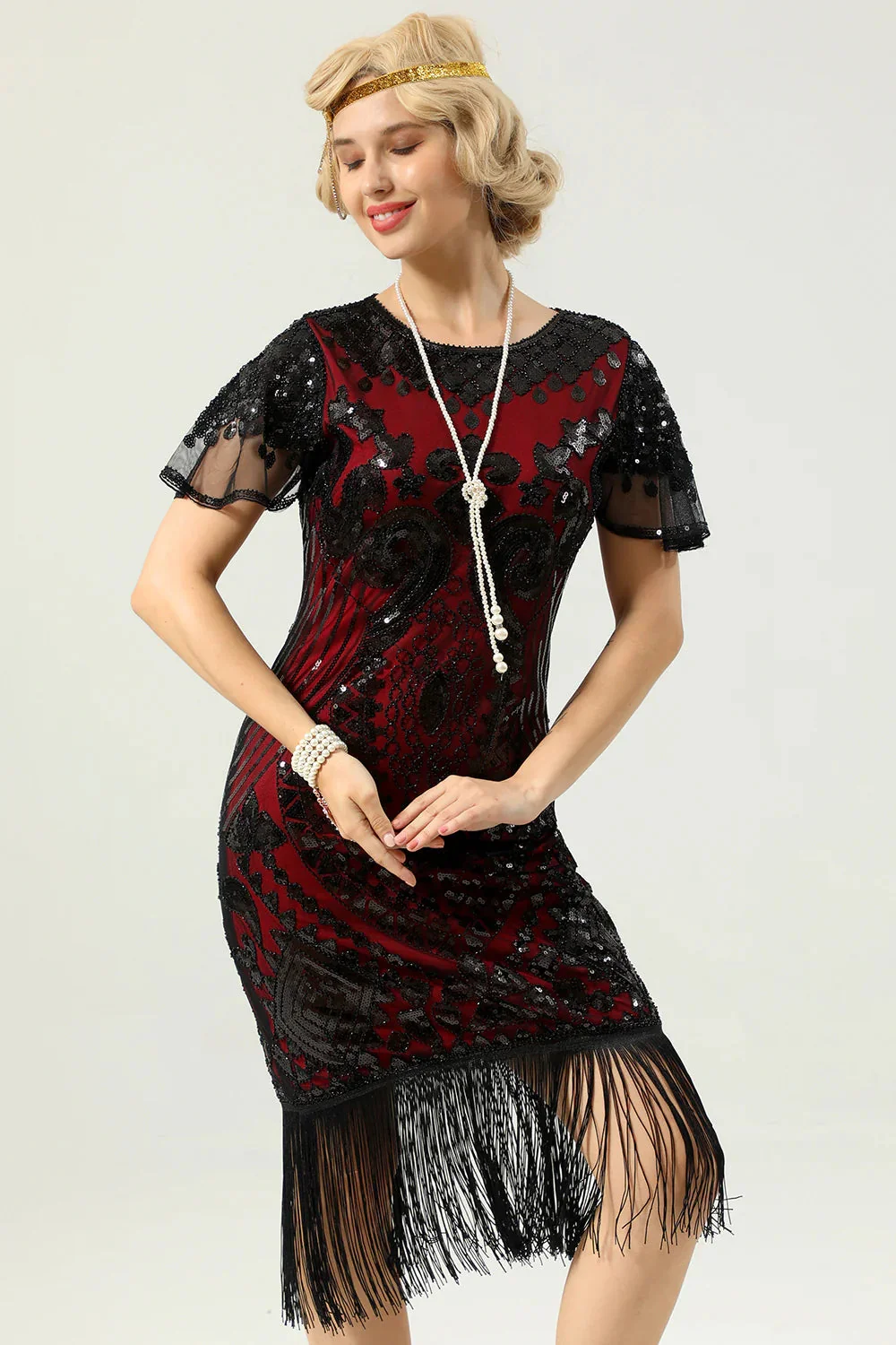 Black Red Sequins Fringed Cap Sleeves 1920s Dress with Accessories Set - Image 4