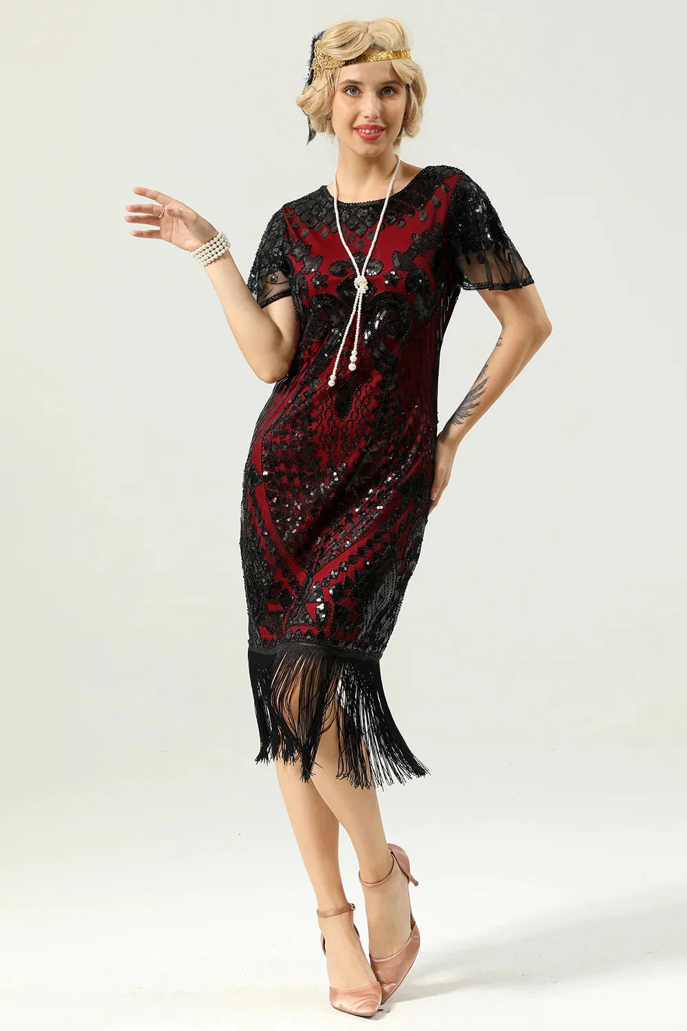 Black Red Sequins Fringed Cap Sleeves 1920s Dress with Accessories Set - Image 5