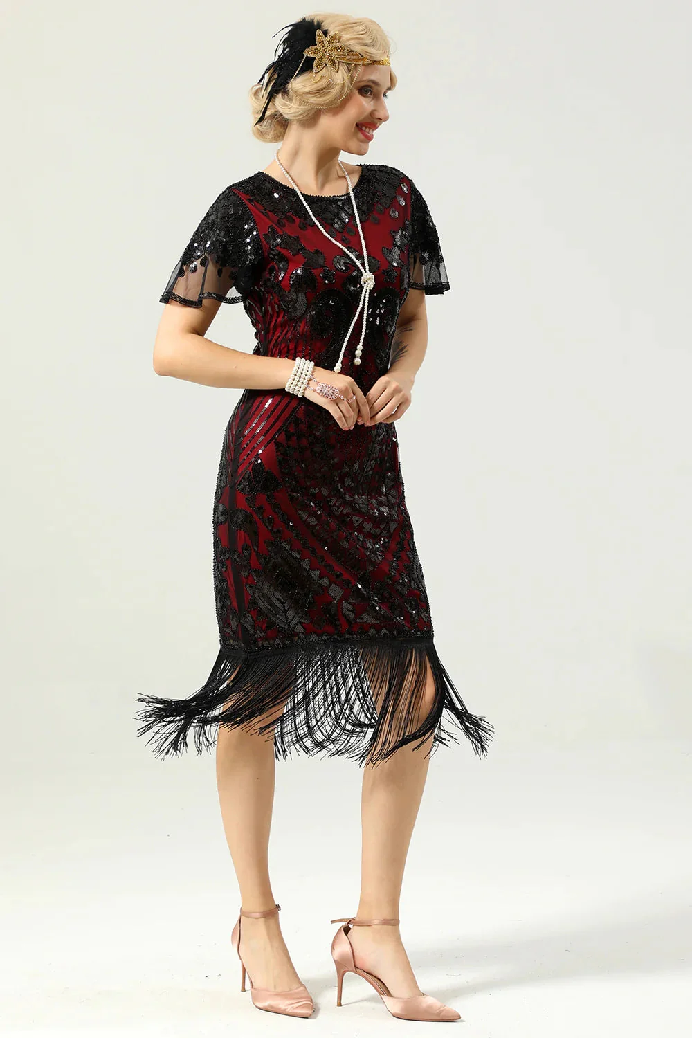 Black Red Sequins Fringed Cap Sleeves 1920s Dress with Accessories Set - Image 6