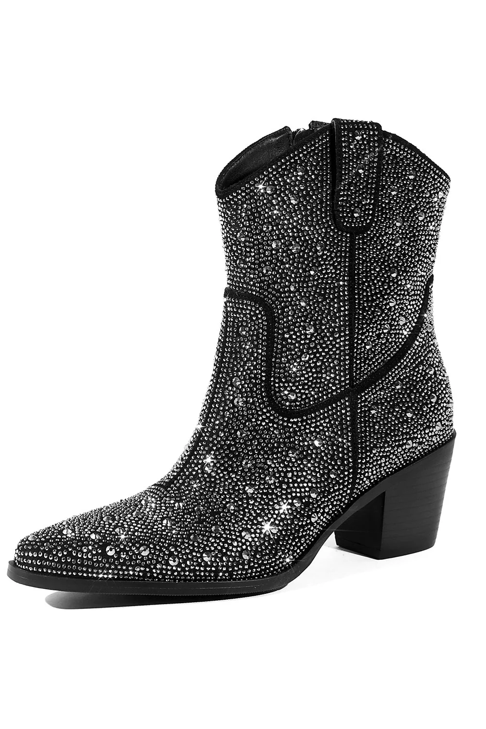 Black Rhinestone Contrast Color Western Ankle Boots - Image 5