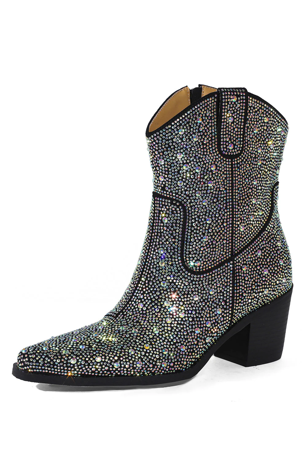 Black Rhinestone Contrast Color Western Ankle Boots - Image 6