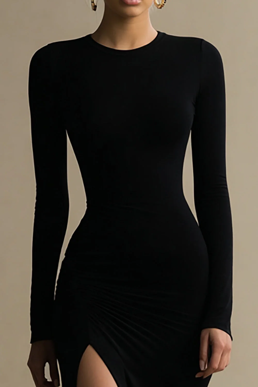 Mermaid Round Neck Long Sleeves Black Tie Dress with Slit - Image 2