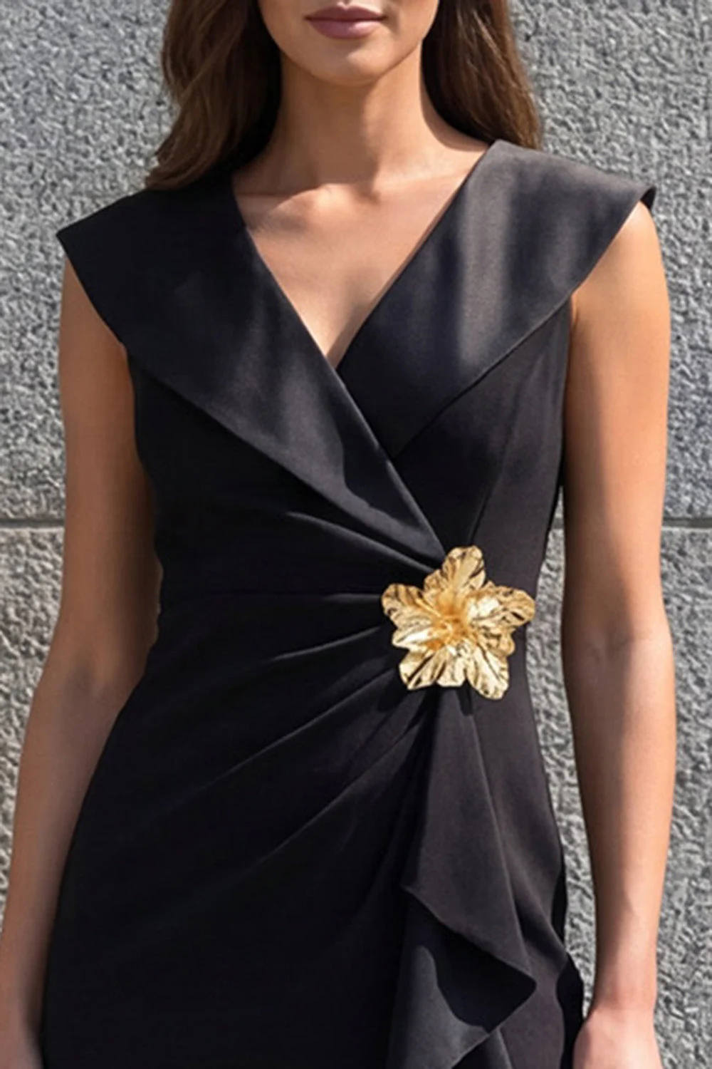 Black Sheath V Neck Midi Work Dress with Slit - Image 3