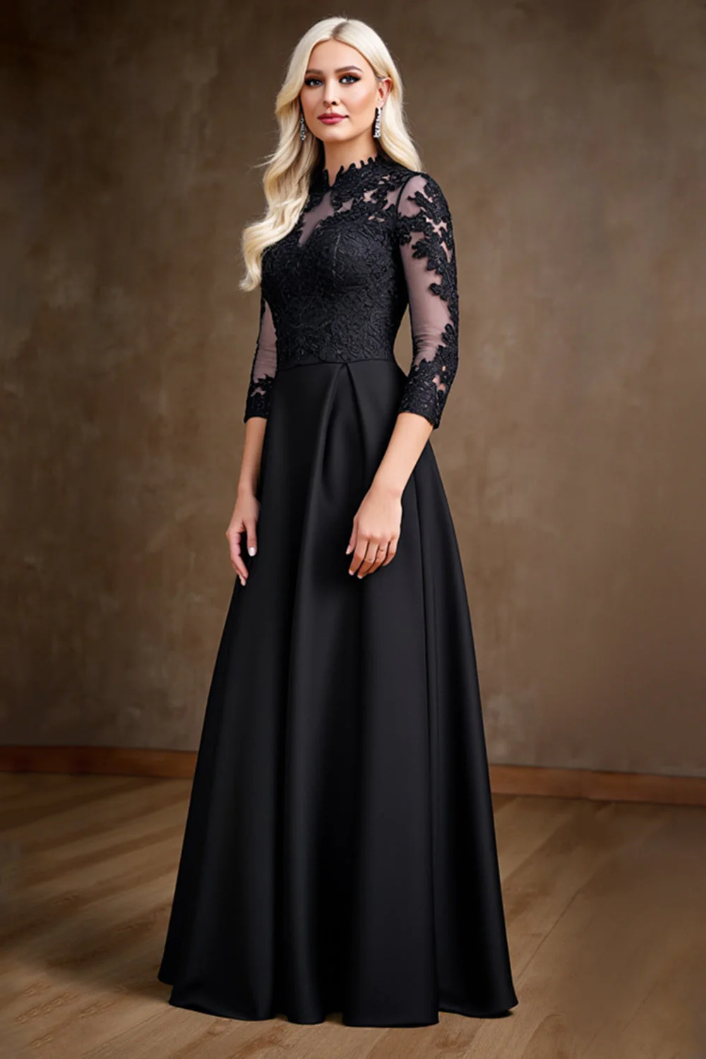 Black Satin A Line Mother of the Bride Dress with Lace Appliques - Image 3
