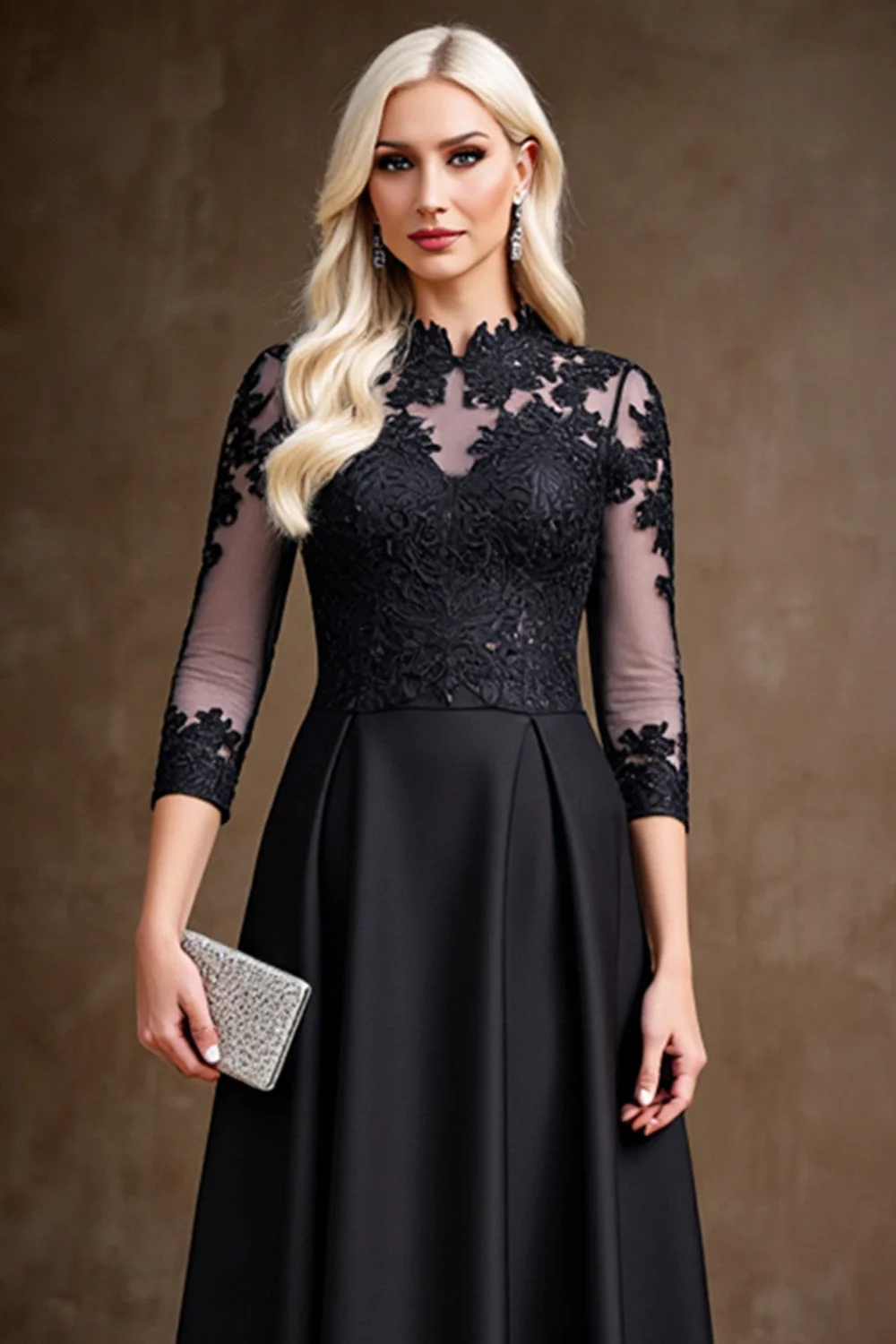 Black Satin A Line Mother of the Bride Dress with Lace Appliques - Image 4