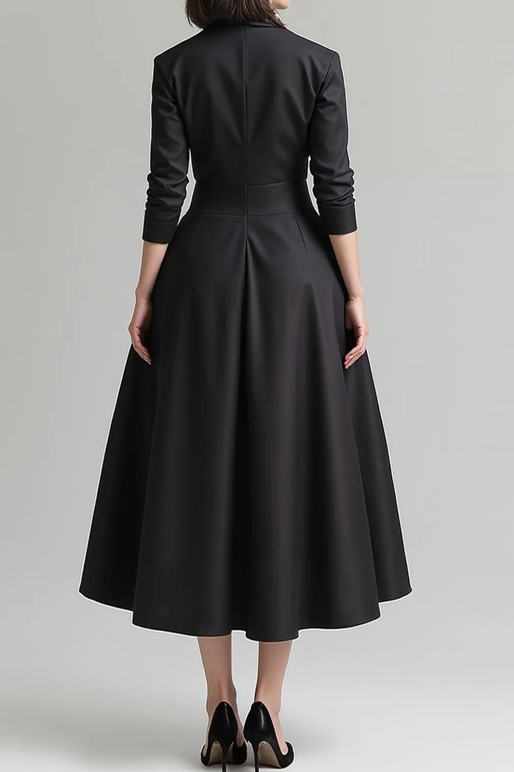 Black Satin A Line Shawl Lapel Work Dress with Pockets - Image 2