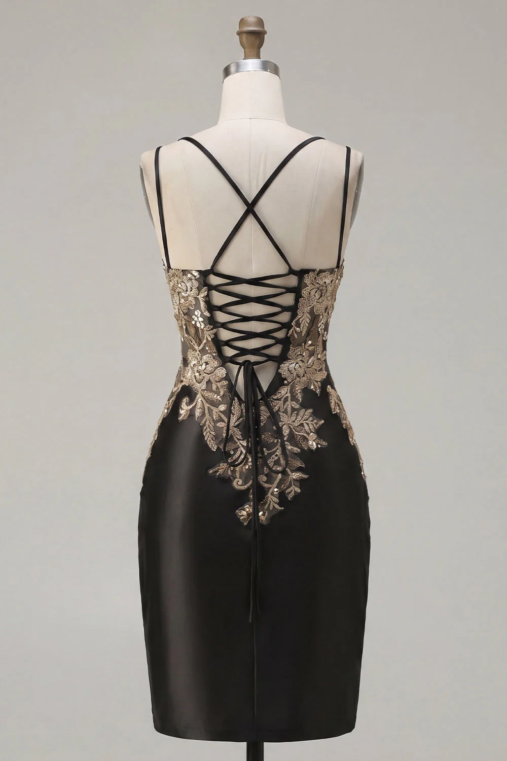 Black Satin Bodycon Appliqued Cocktail Dress with Slit - Image 2