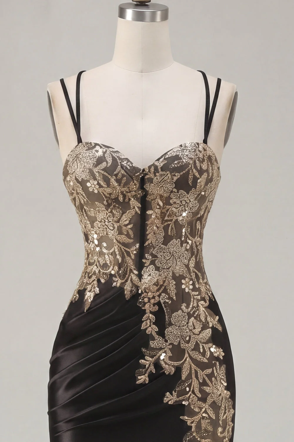 Black Satin Bodycon Appliqued Cocktail Dress with Slit - Image 7