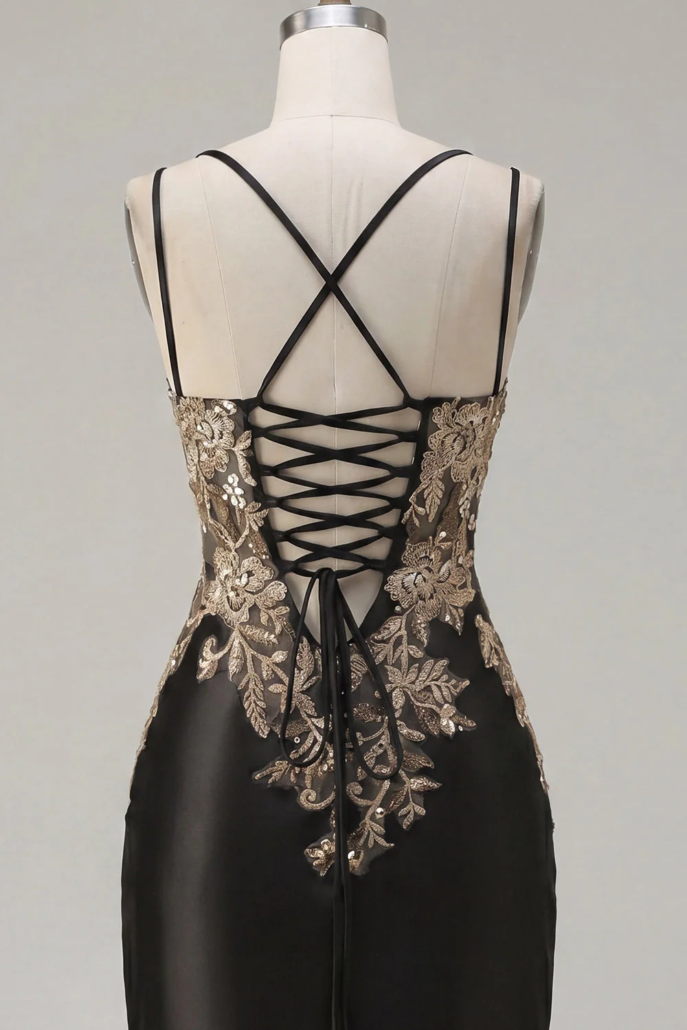 Black Satin Bodycon Appliqued Cocktail Dress with Slit - Image 8