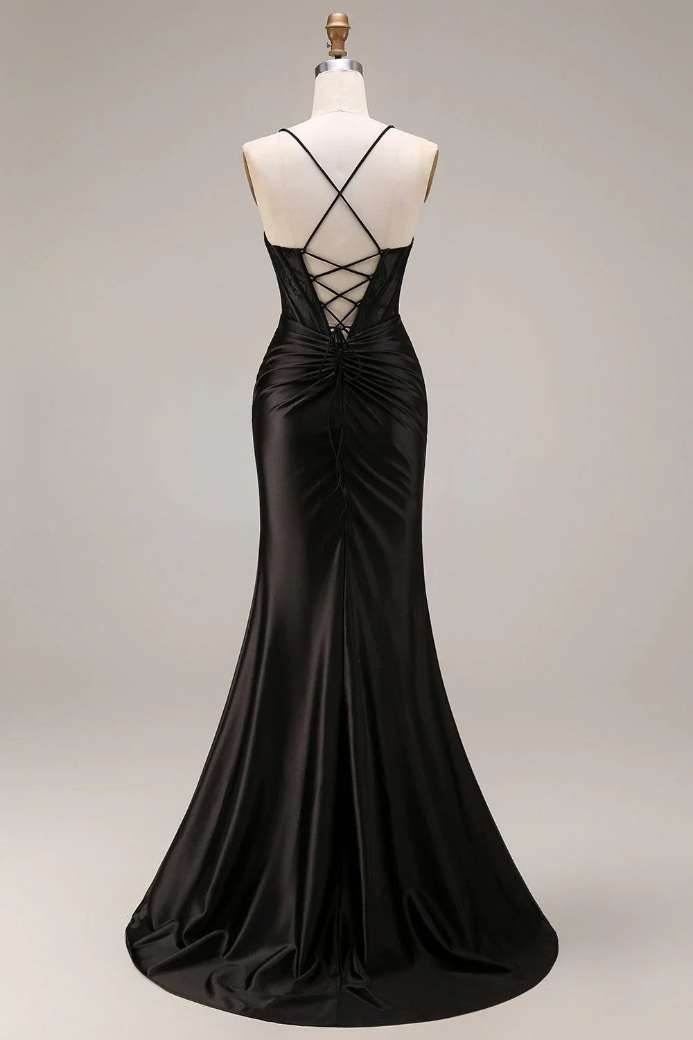 Black Mermaid Satin Spaghetti Straps Long Evening Dress with Slit - Image 2