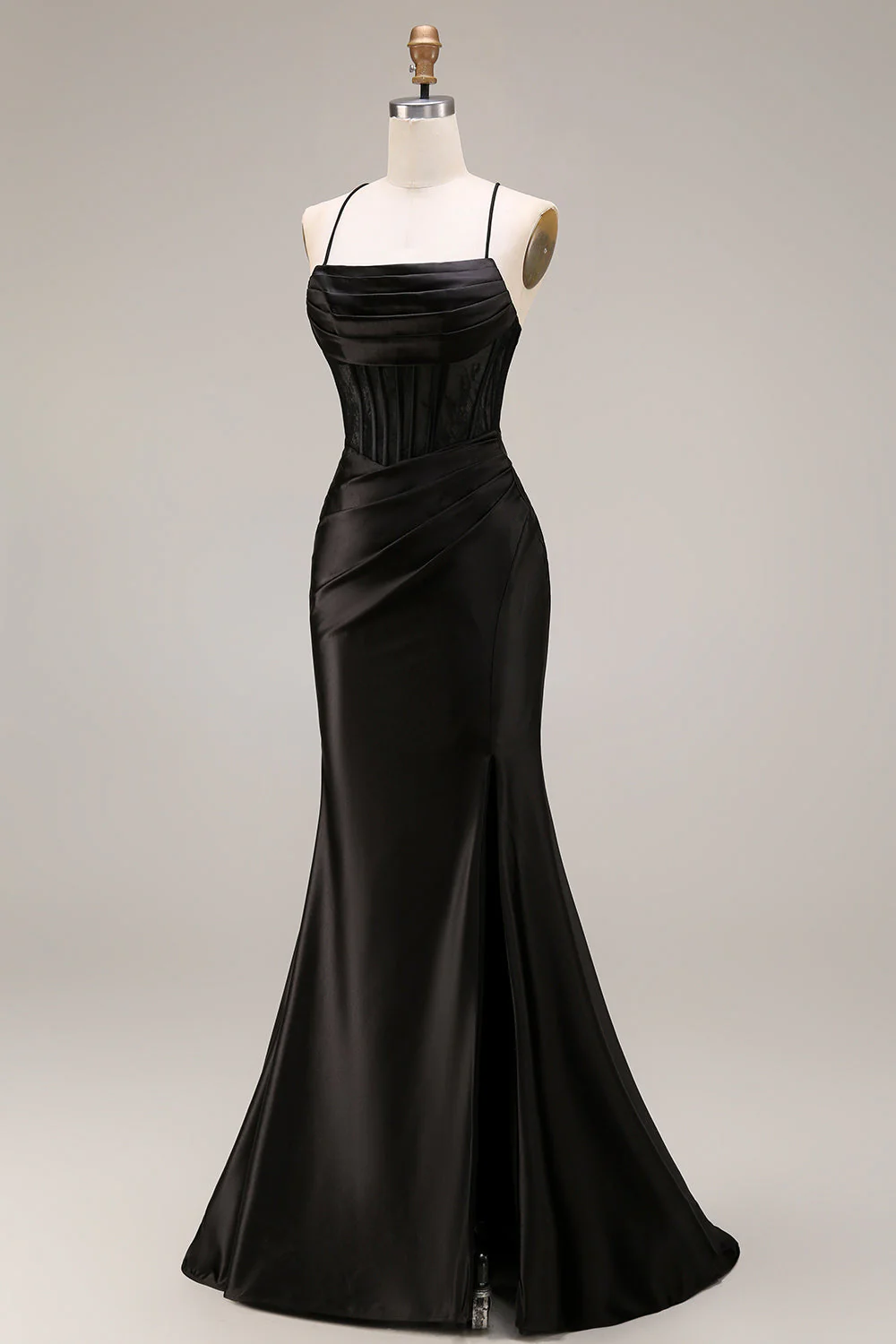 Black Mermaid Satin Spaghetti Straps Long Evening Dress with Slit - Image 3