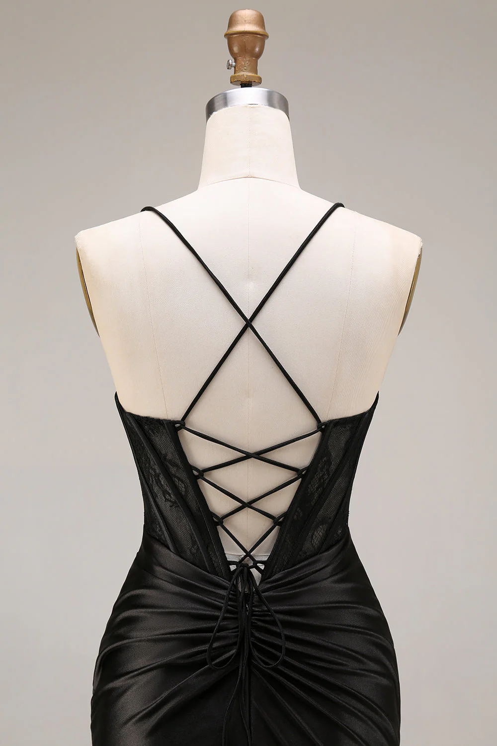 Black Mermaid Satin Spaghetti Straps Long Evening Dress with Slit - Image 5