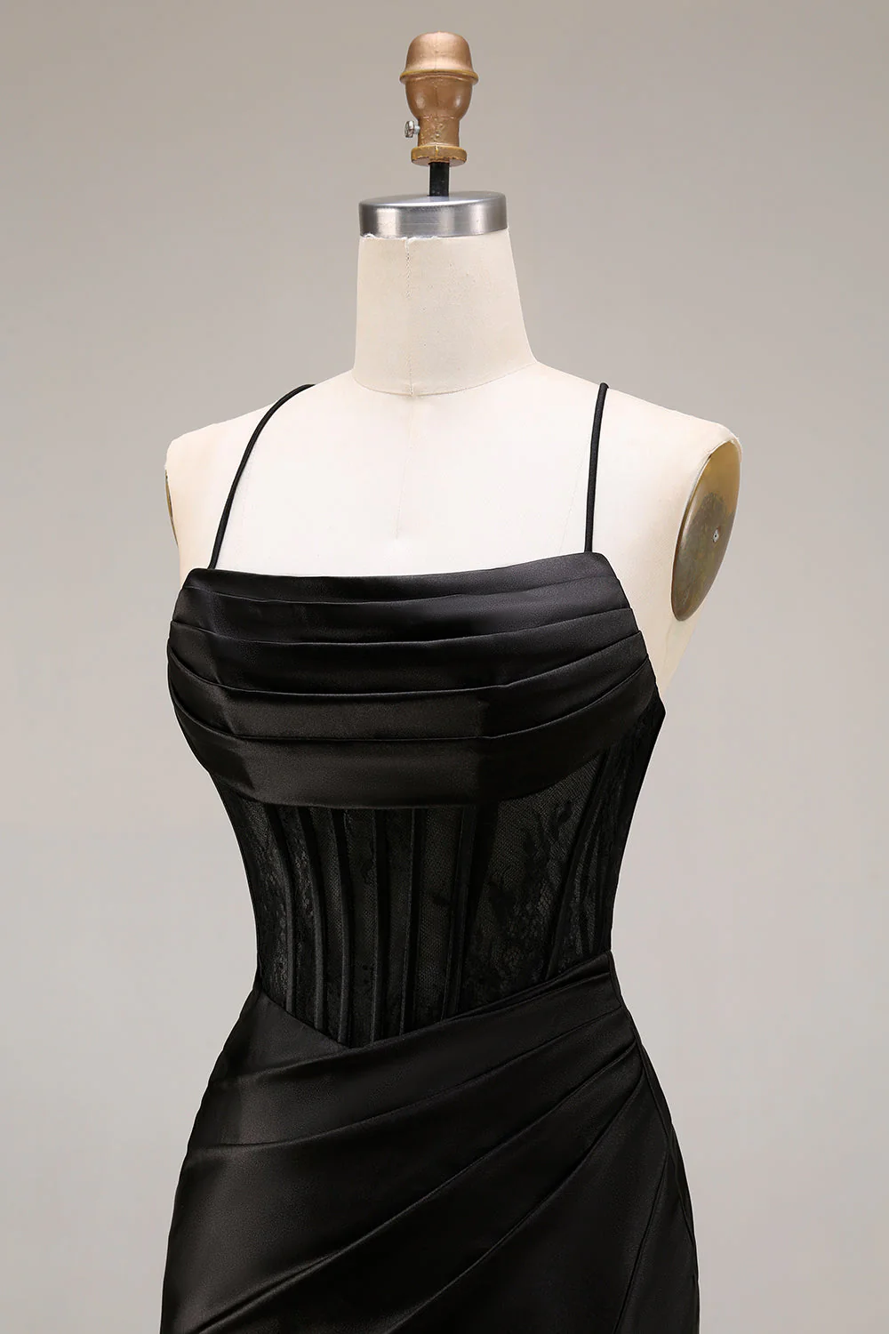 Black Mermaid Satin Spaghetti Straps Long Evening Dress with Slit - Image 6