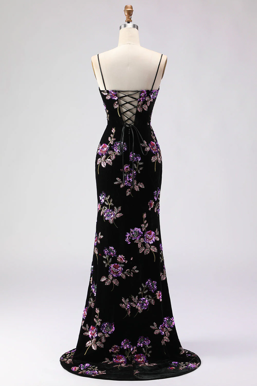 Black Sequin Mermaid Velvet Spaghetti Straps Long Prom Dress with Slit - Image 2