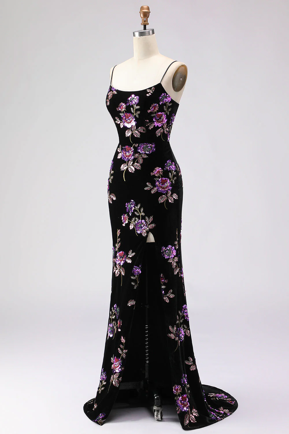 Black Sequin Mermaid Velvet Spaghetti Straps Long Prom Dress with Slit - Image 3
