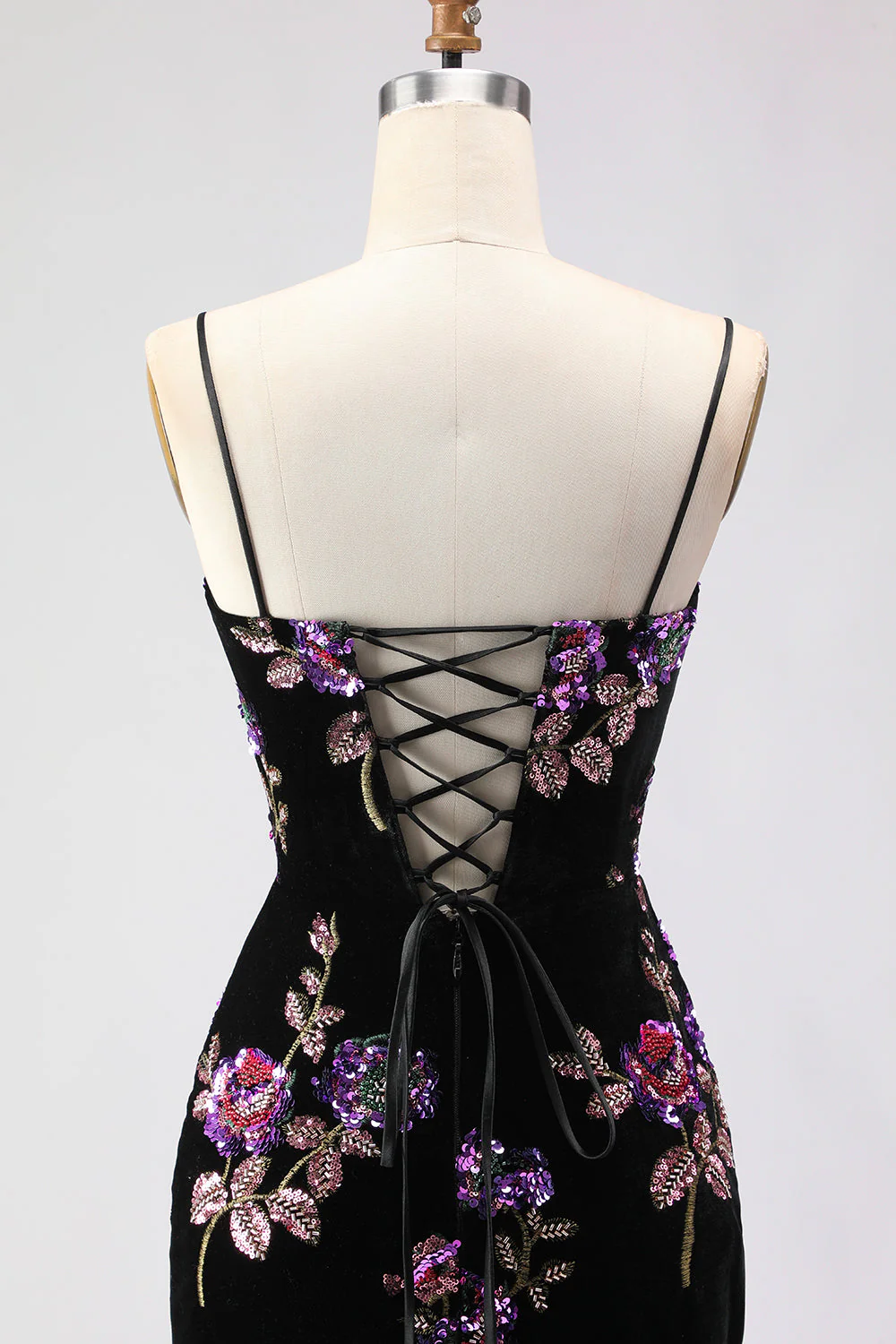 Black Sequin Mermaid Velvet Spaghetti Straps Long Prom Dress with Slit - Image 5