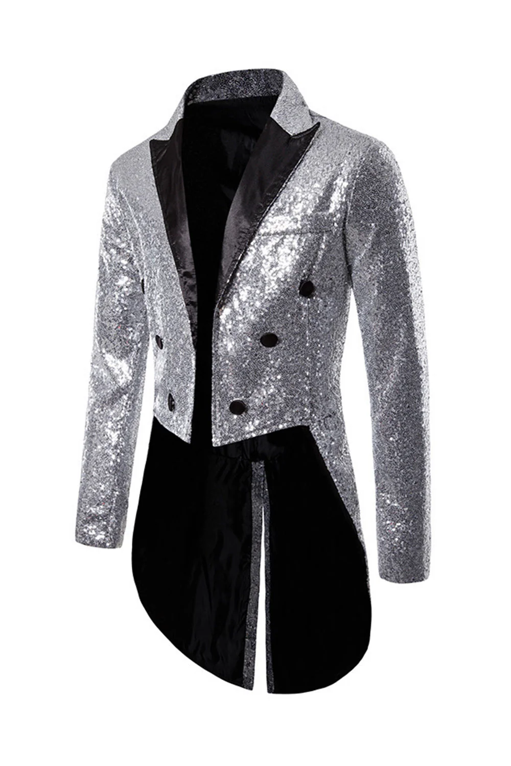 Black Sequin Peaked Lapel Double Breasted Men's Tuxedo Tailcoat - Image 10