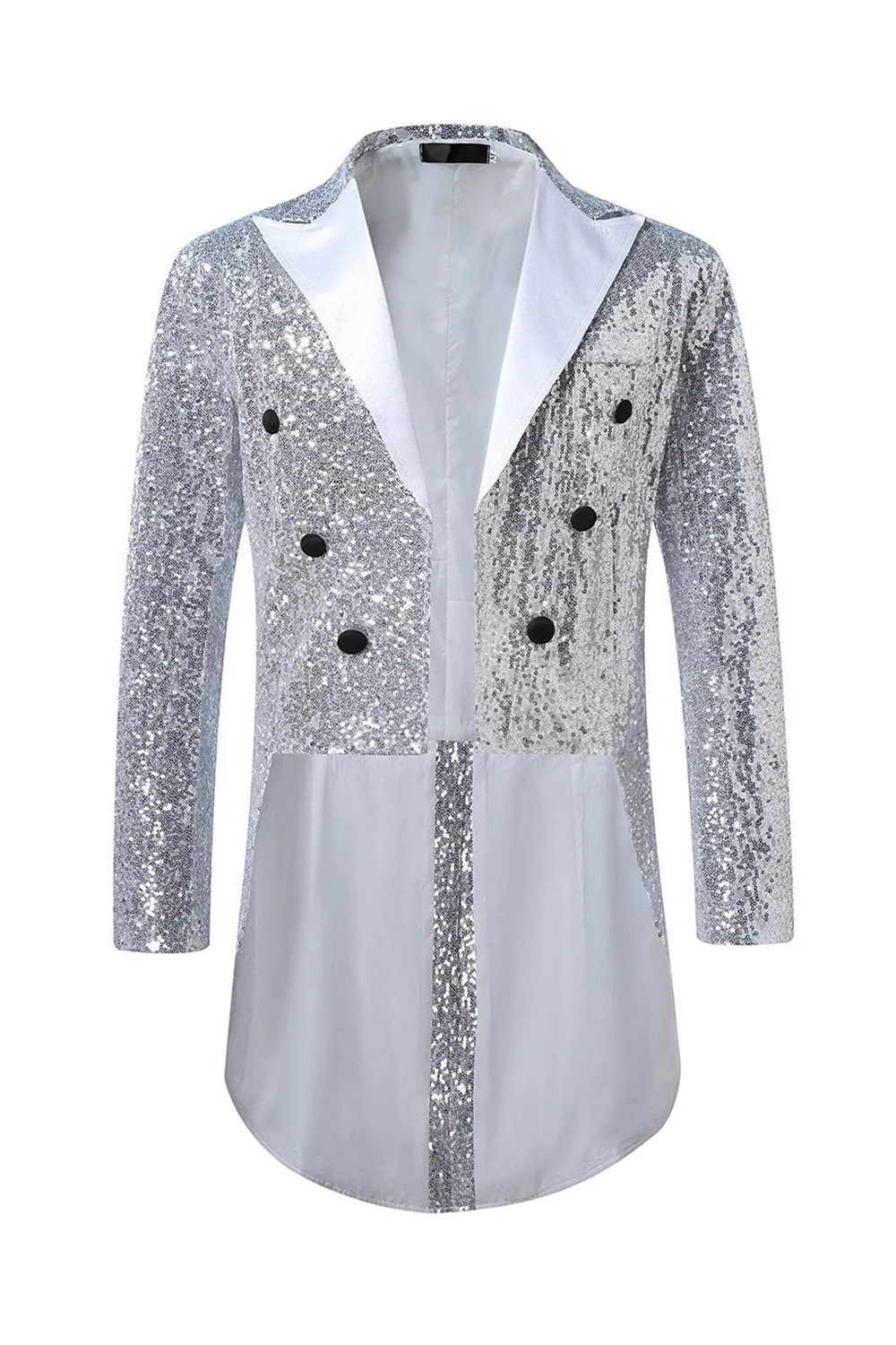 Black Sequin Peaked Lapel Double Breasted Men's Tuxedo Tailcoat - Image 3