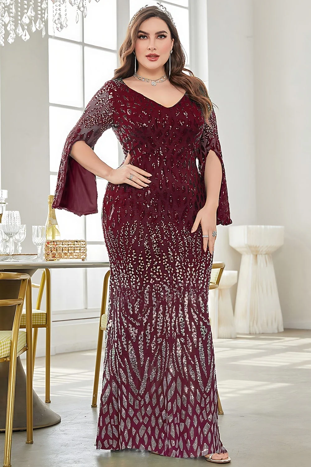 Black Sequin V-Neck Plus Size Mother of the Bride Dress - Image 12