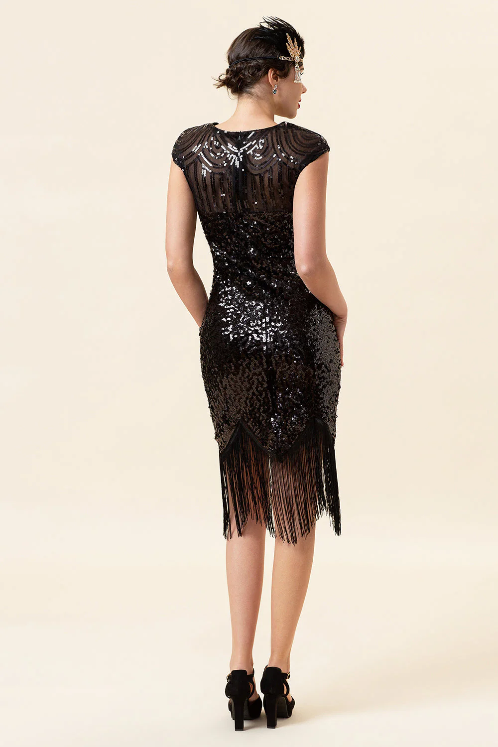 Black Sequined Fringes 1920s Gatsby Flapper Dress with 20s Accessories Set - Image 3
