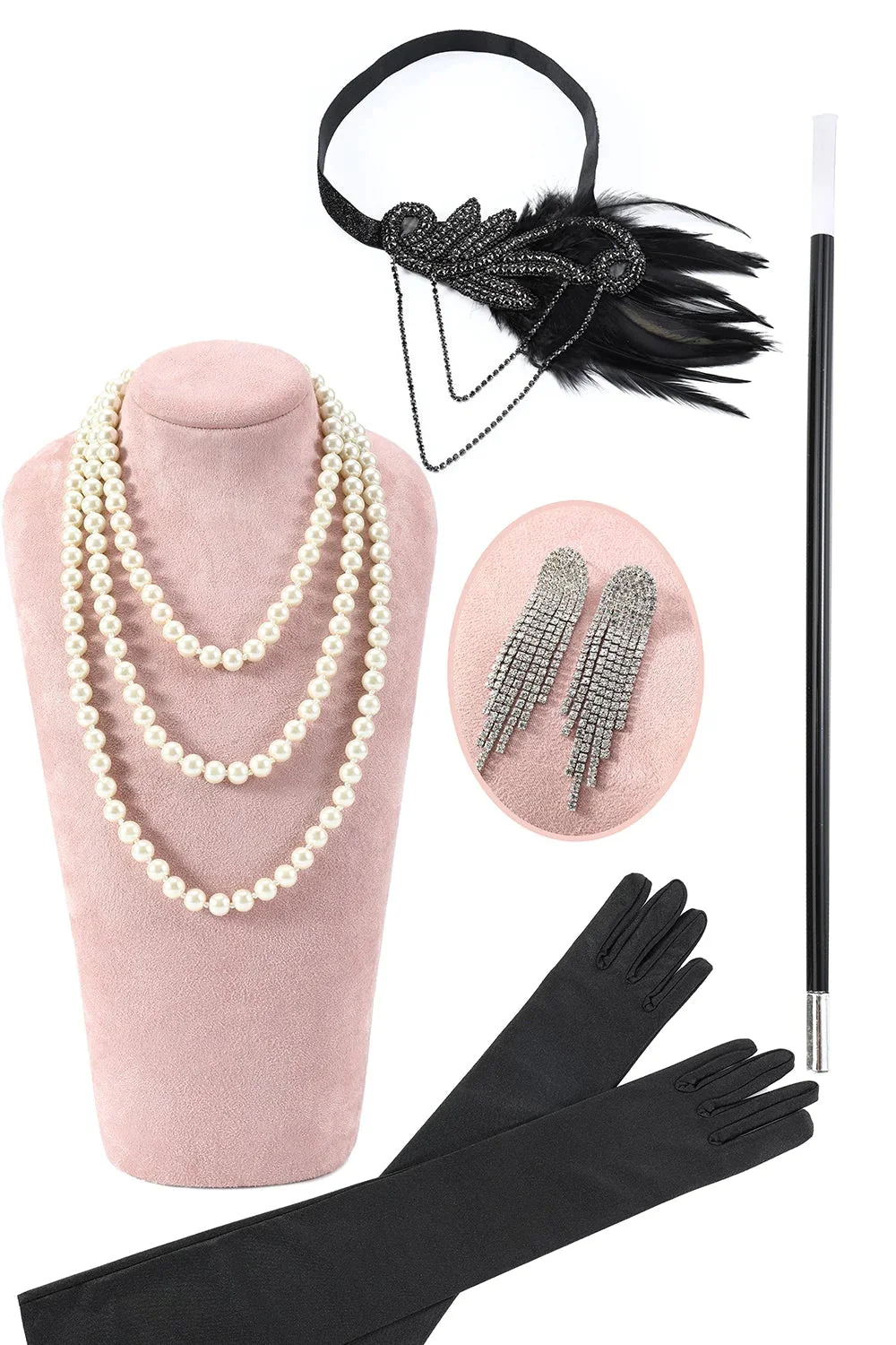 Black Sequined Fringes 1920s Gatsby Flapper Dress with 20s Accessories Set - Image 4