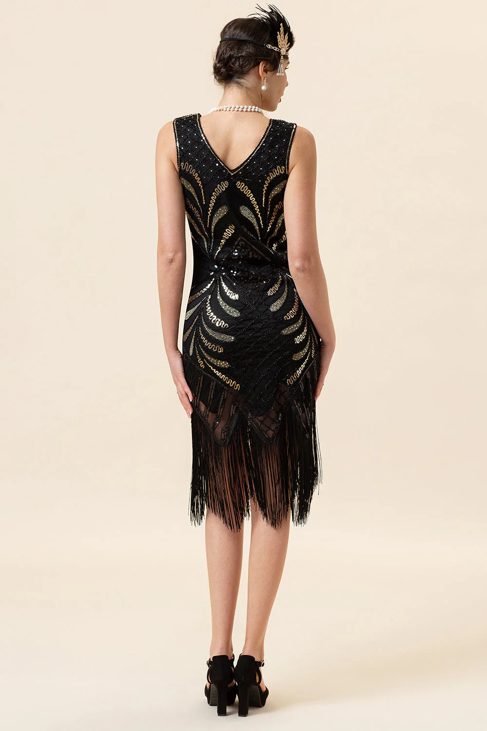 Black Sequins Fringes 1920s Flapper Dress with 20s Accessories Set - Image 3