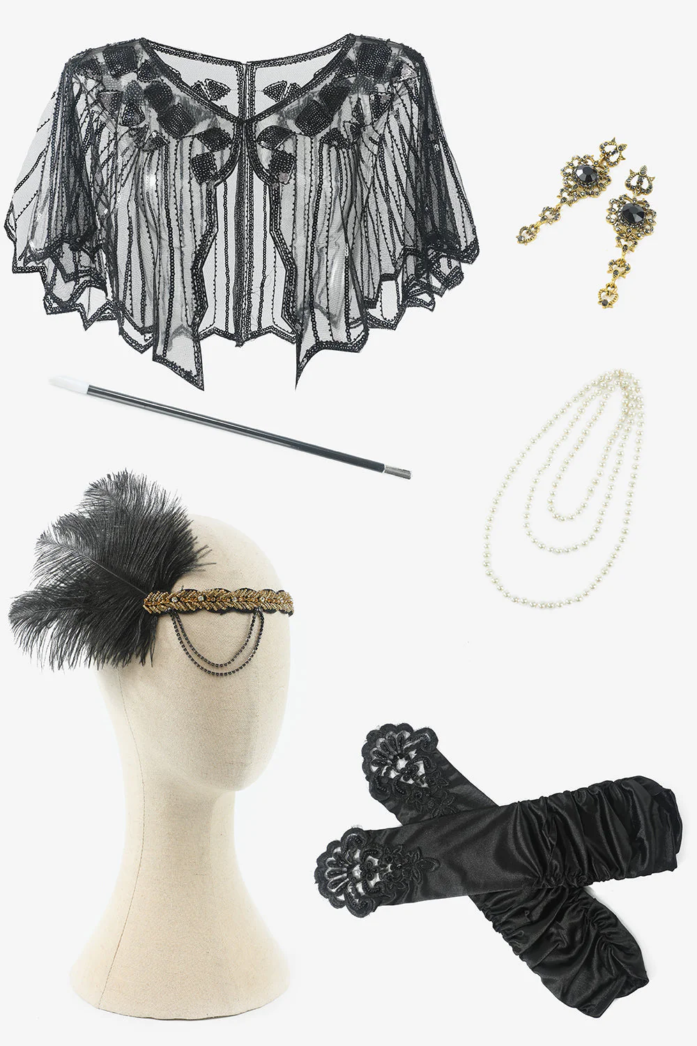 Black Sequins Fringes 1920s Flapper Dress with 20s Accessories Set - Image 4