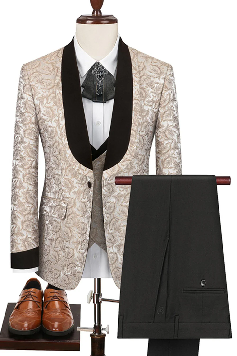 Black Shawl Lapel One Button 3-Piece Men Suits - Image 14