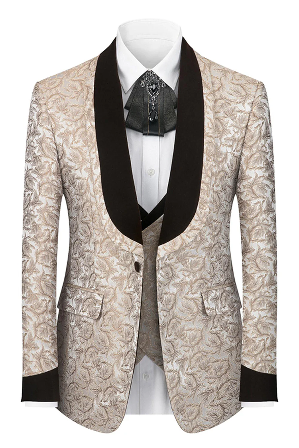 Black Shawl Lapel One Button 3-Piece Men Suits - Image 15