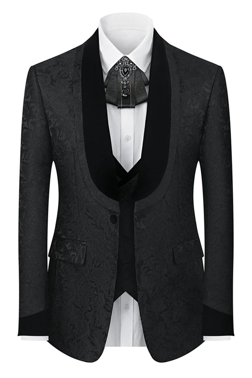 Black Shawl Lapel One Button 3-Piece Men Suits - Image 2