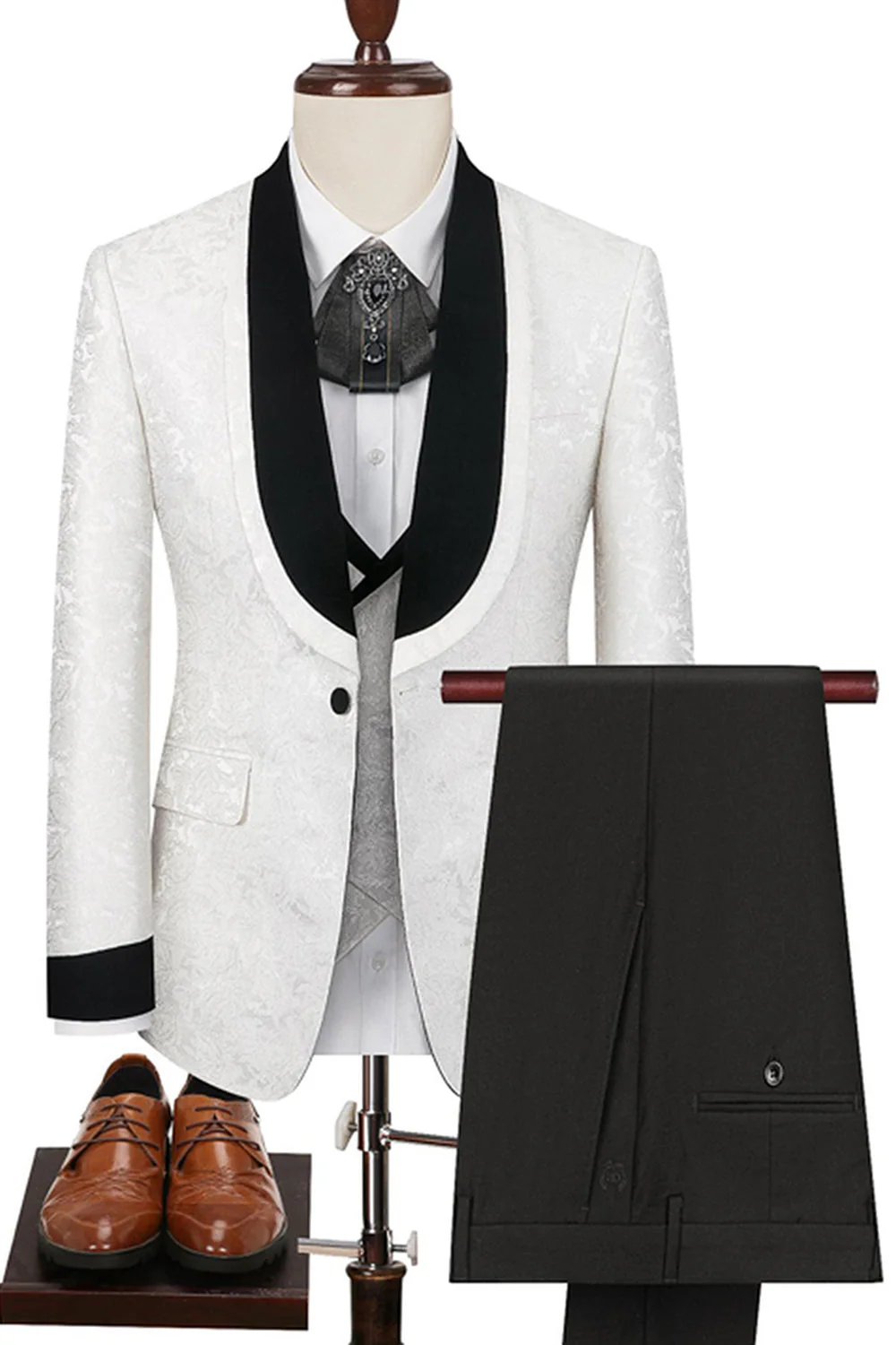 Black Shawl Lapel One Button 3-Piece Men Suits - Image 6