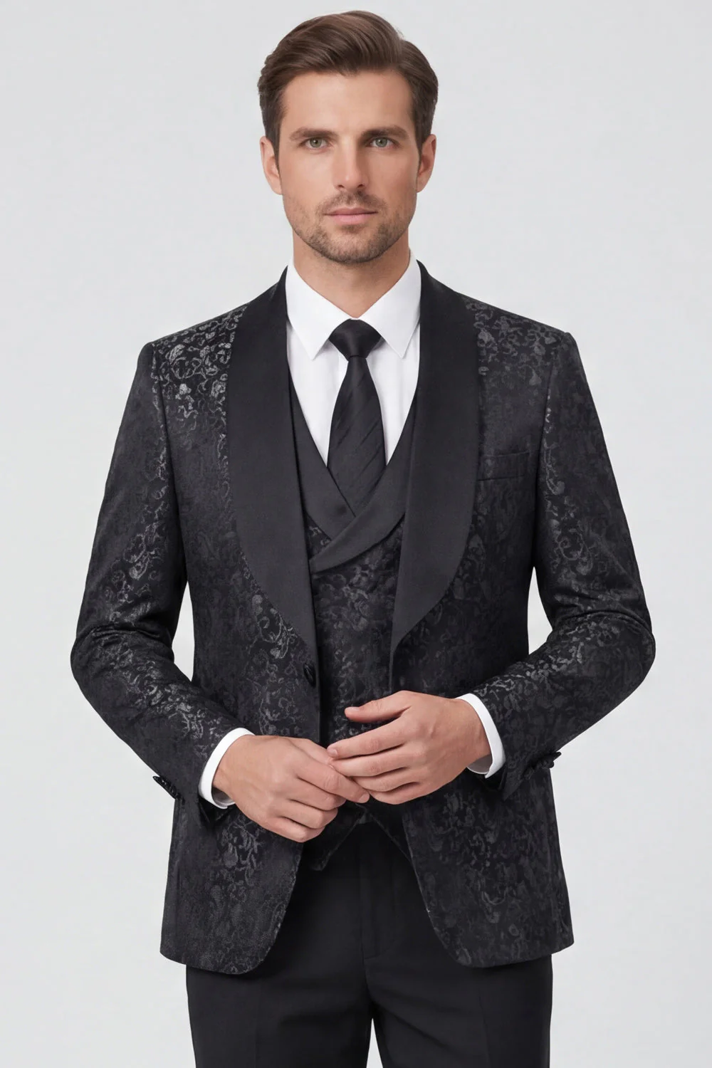 Black Shawl Lapel One Button 3 Piece Jacquard Men's Suits - Image 3