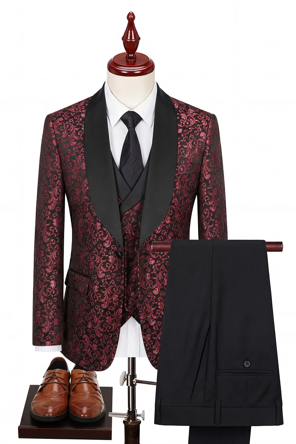 Black Shawl Lapel One Button 3 Piece Jacquard Men's Suits - Image 4