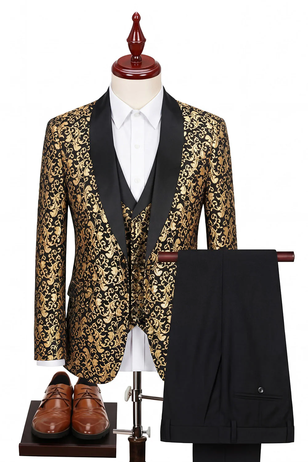 Black Shawl Lapel One Button 3 Piece Jacquard Men's Suits - Image 5